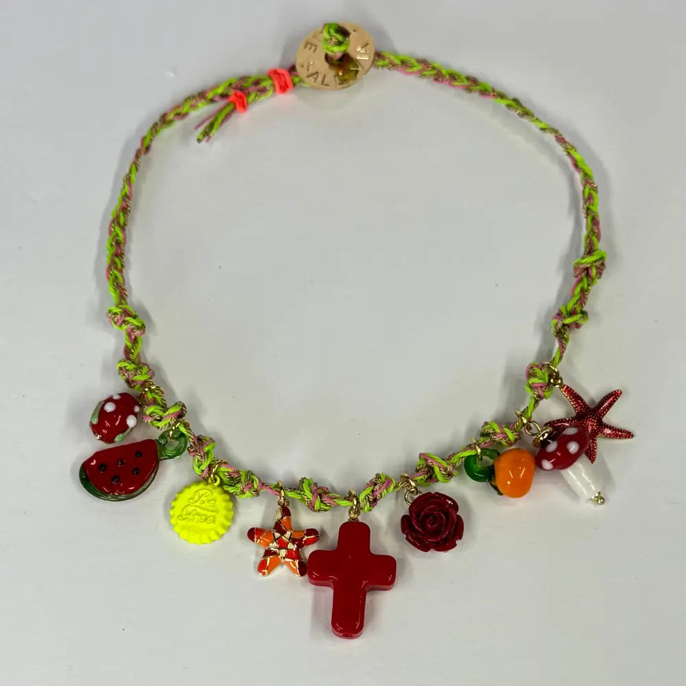 Handmade braided cord choker with colorful charms—mushroom, starfish, cross, rose—adjustable fit